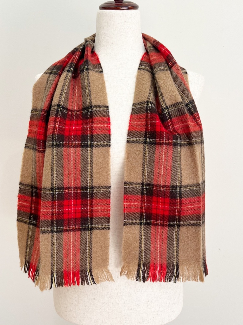 Vintage Wool Tartan Plaid Scarf Red Tan Made in Western Germany Fringe Heritage